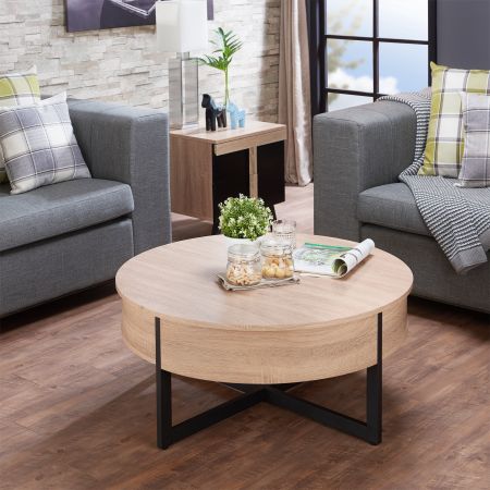Nordic Style Round Drawer Coffee Table - Nordic modern log style, with black pellets sandblasting metal feet embellishment.